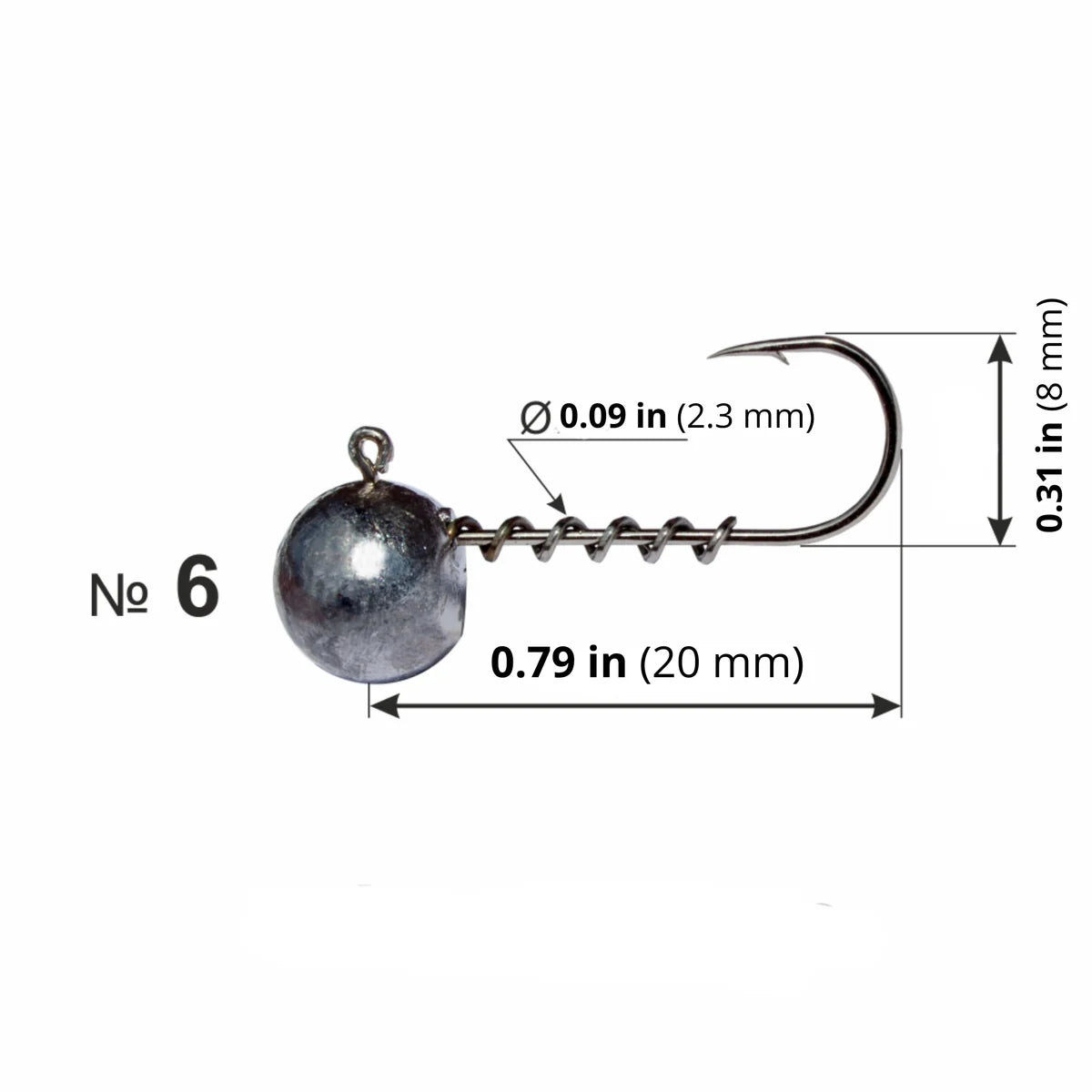 Micro jig head with spring keeper #6 size diagram showing hook and spring keeper dimensions.