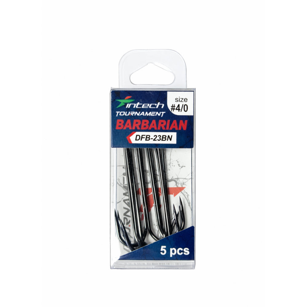 Pack of inTech Tournament Barbarian fishing hooks with a white background