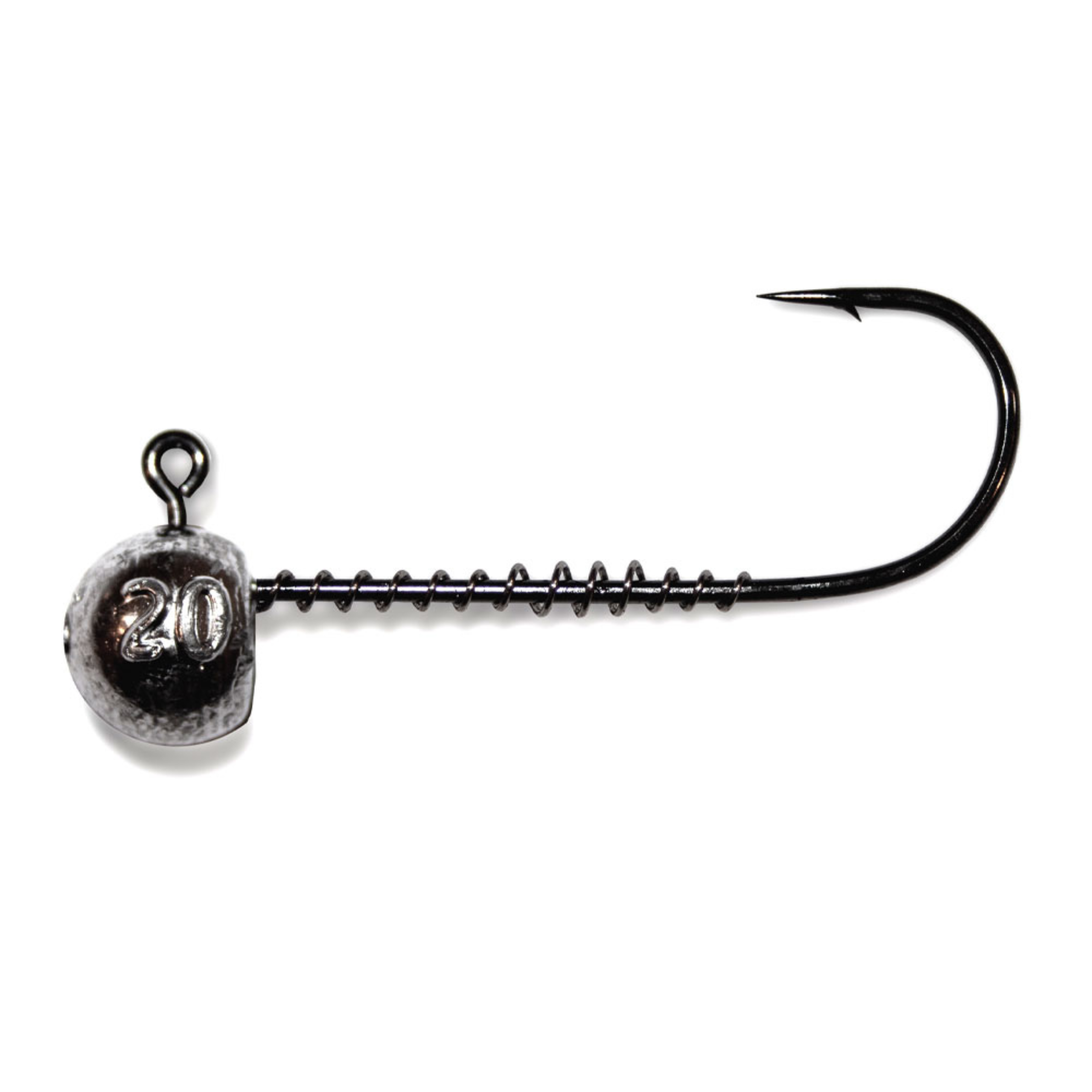 Single long shank screw lock jig head 5/0 for soft plastics on white background.