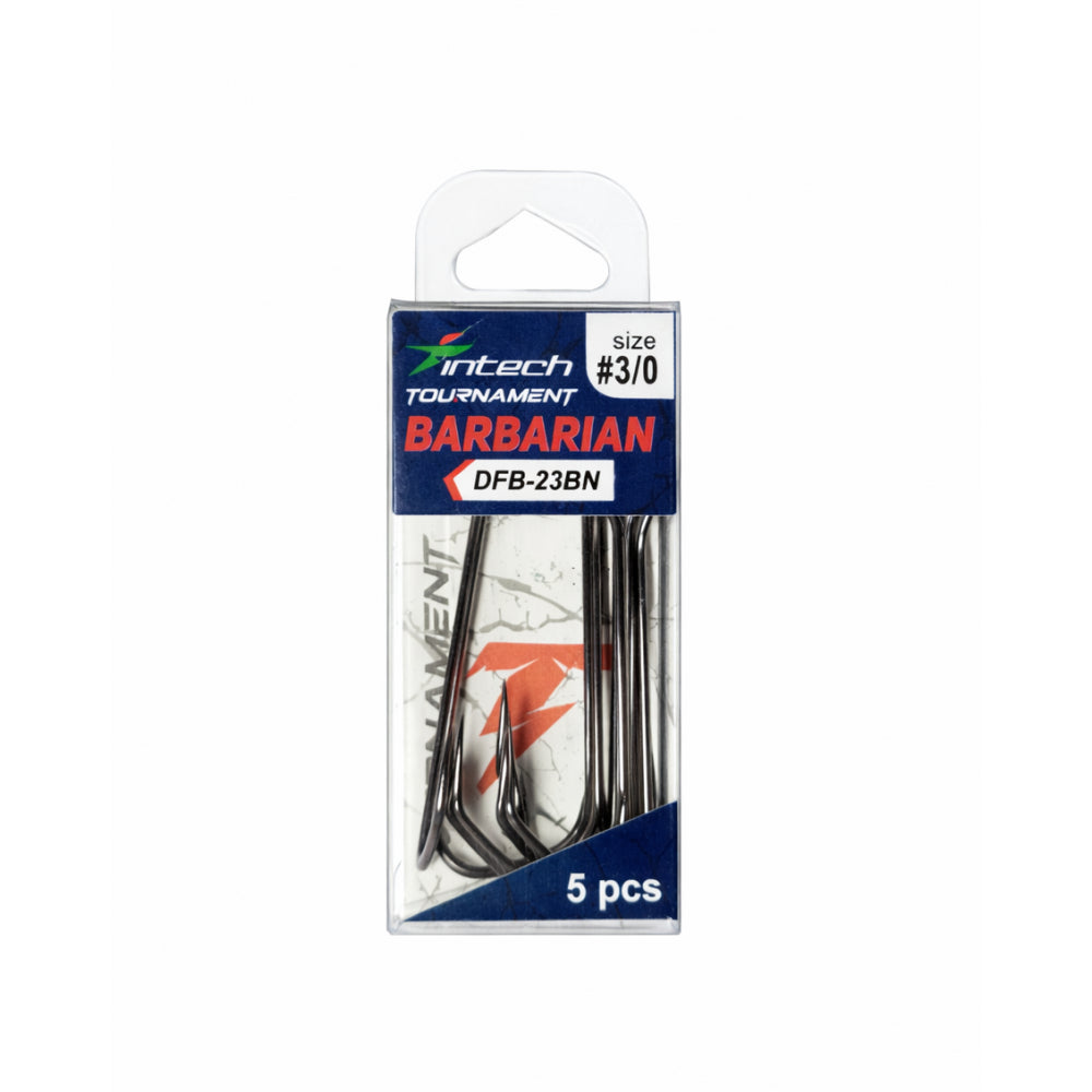 Pack of fintech Tournament Barbarian fishing hooks with packaging on a white background