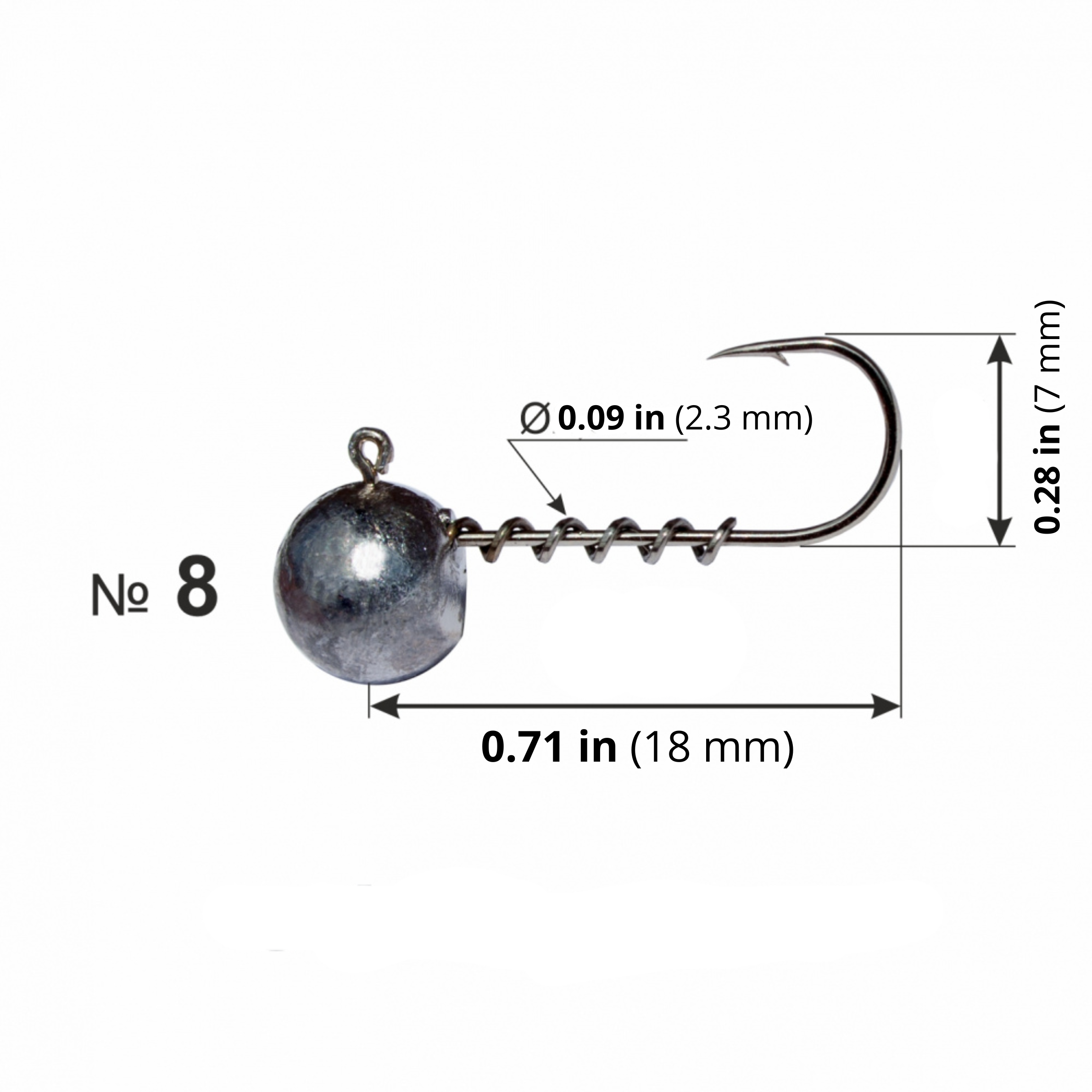Micro jig head with spring keeper #8 size diagram showing hook and spring keeper dimensions.
