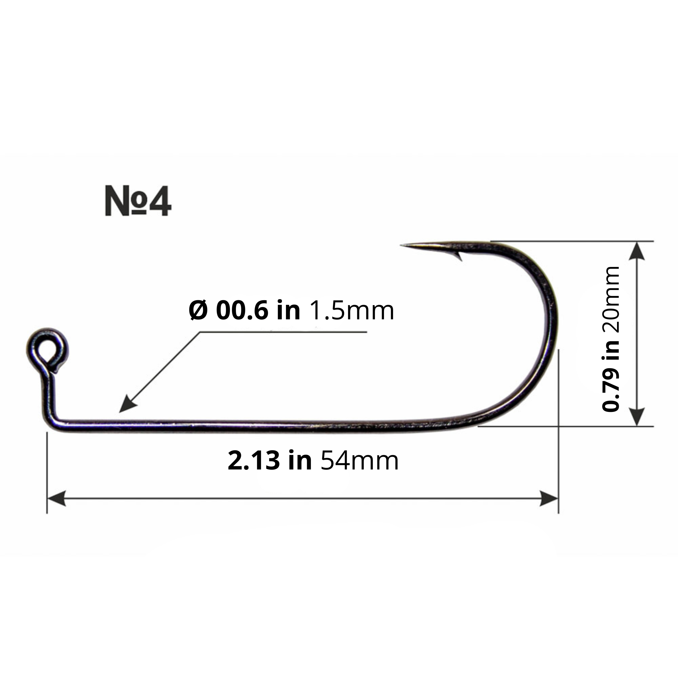 Long shank hook size diagram for 4/0 screw lock jig head showing hook length and wire diameter.