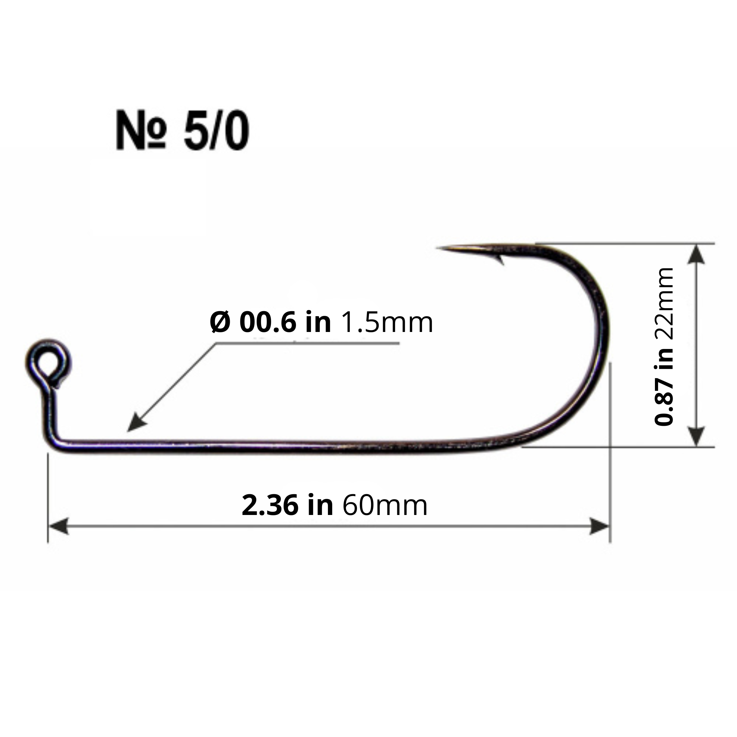 Long shank hook size diagram for 5/0 screw lock jig head showing hook length and wire diameter.