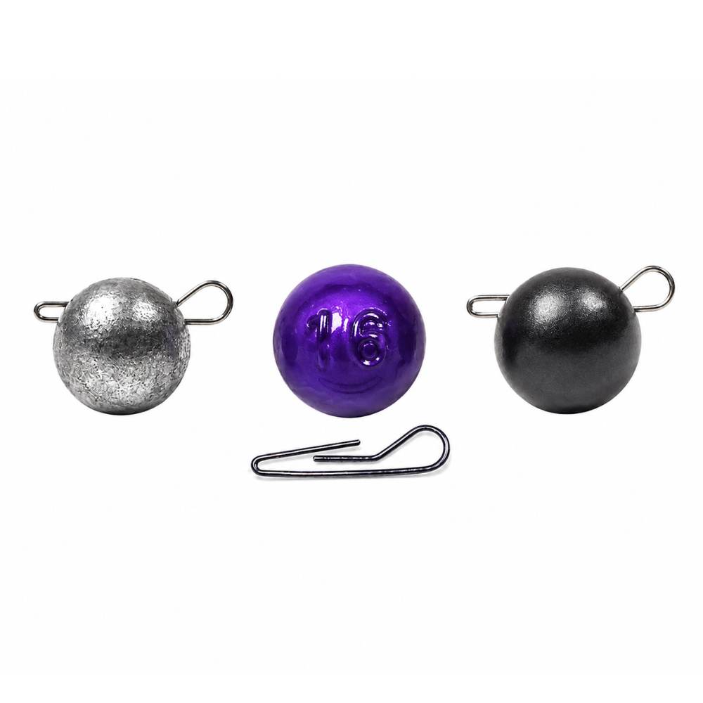 Three FishTrailCo Fishball quick-change weights in Unpainted Lead, Black, and Purple