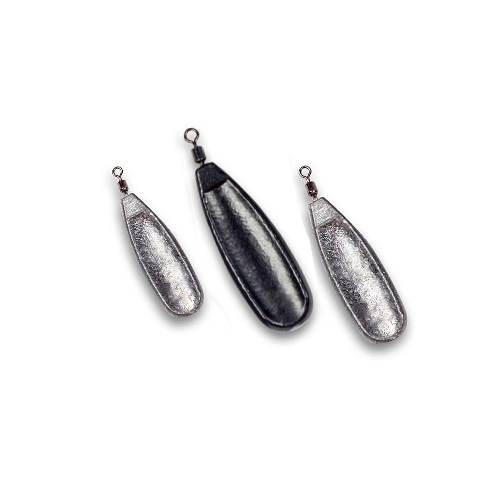 Three slow glide jig rig weights for free-swinging soft bait rigs on a white background.