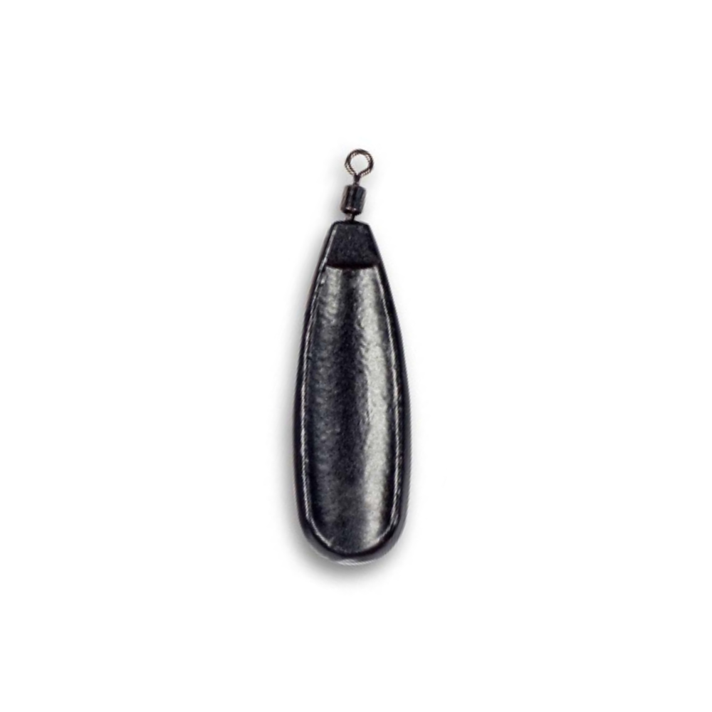 Black slow glide jig rig weight for free-swinging soft bait rigs on a white background.