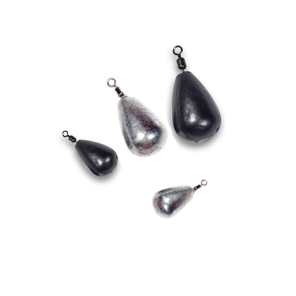 Four FishTrailCo Teardrop Jig Rig weights with swivels on a white background