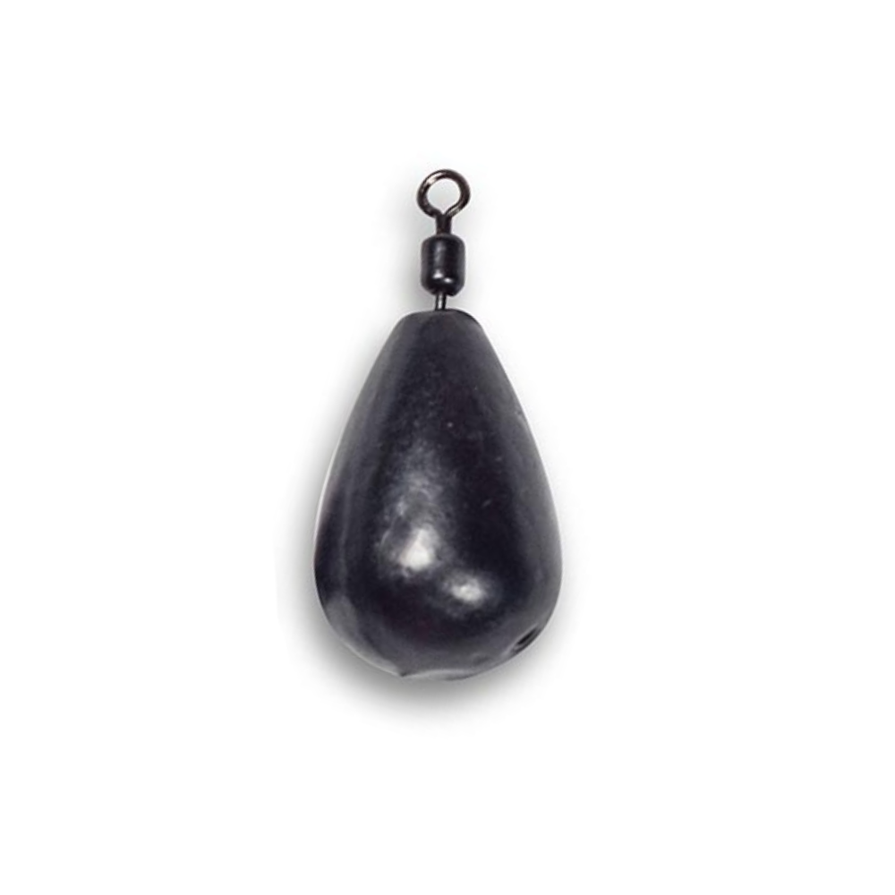 Black FishTrailCo Teardrop Jig Rig weight with swivels on a white background