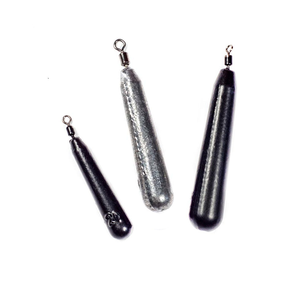 Three FishTrailCo Slim Teardrop Drop Shot weights with swivels on a white background