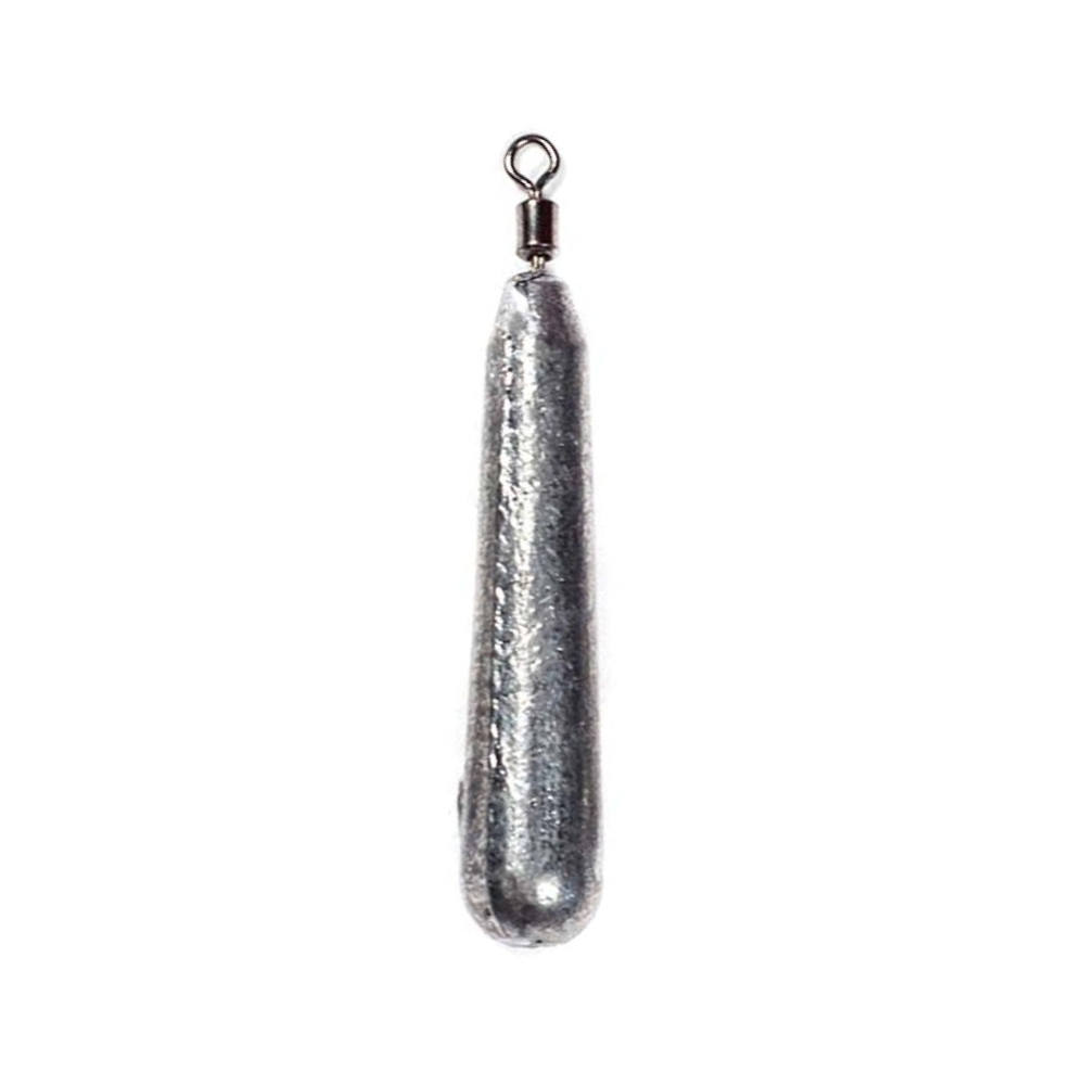Unpainted FishTrailCo Slim Teardrop Drop Shot weight with swivels on a white background