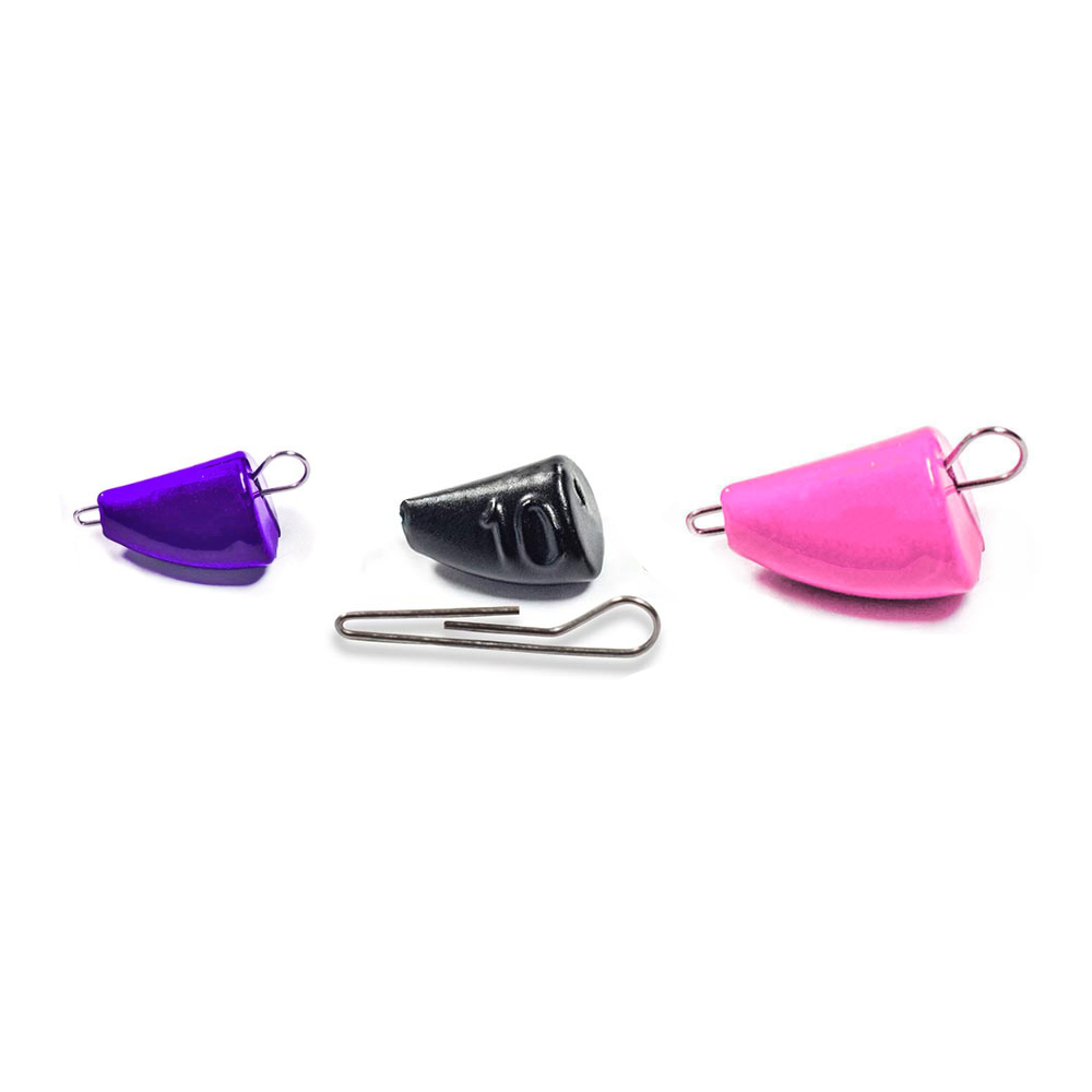 Three FishTrailCo Active Bullet quick-change weights with removable wire clips on a white background
