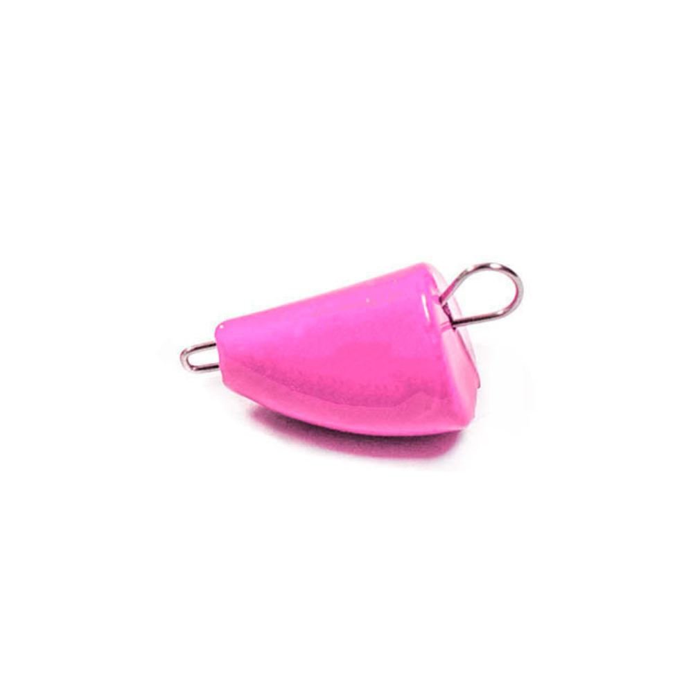 FishTrailCo Active Bullet Pink UV quick-change weights with removable wire clips on a white background