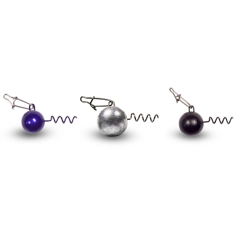 Three FishTrailCo screw lock weight heads with snap and corkscrew keeper on a white background