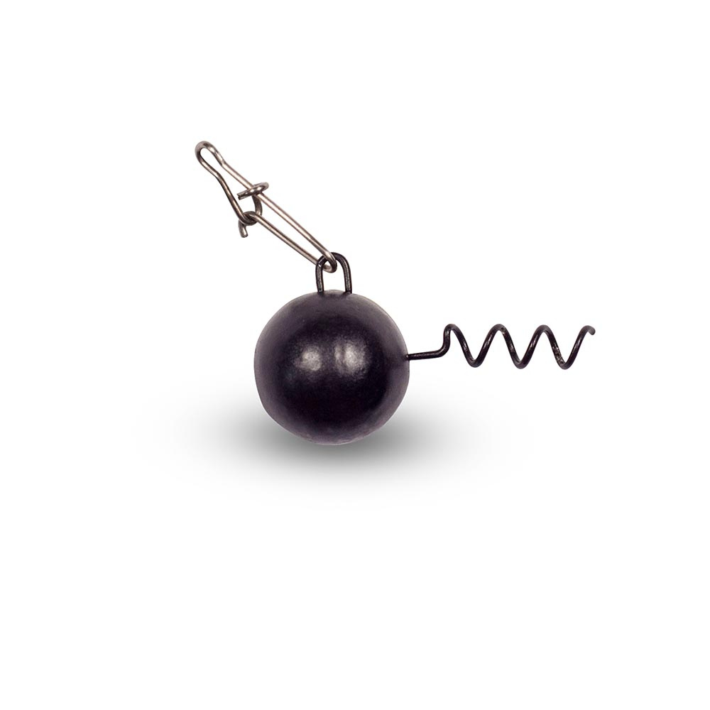 Black FishTrailCo screw lock weight head with snap and corkscrew keeper on a white background