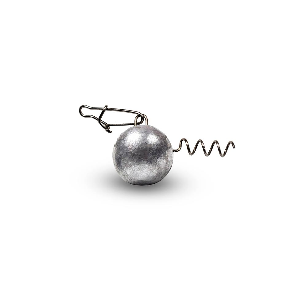 Unpainted FishTrailCo screw lock weight head with snap and corkscrew keeper on a white background