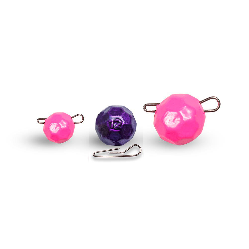 Three Fishball faceted clip weights with quick-change clips pink and o purple. 