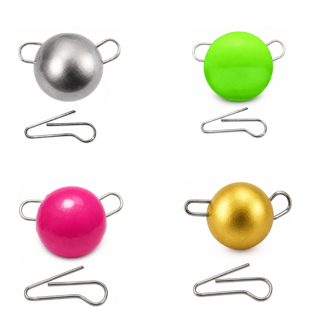 Four Intech Tungsten 74 quick-change weights in Chartreuse, UV Pink, UV Gold, and Steel Gray on a white background