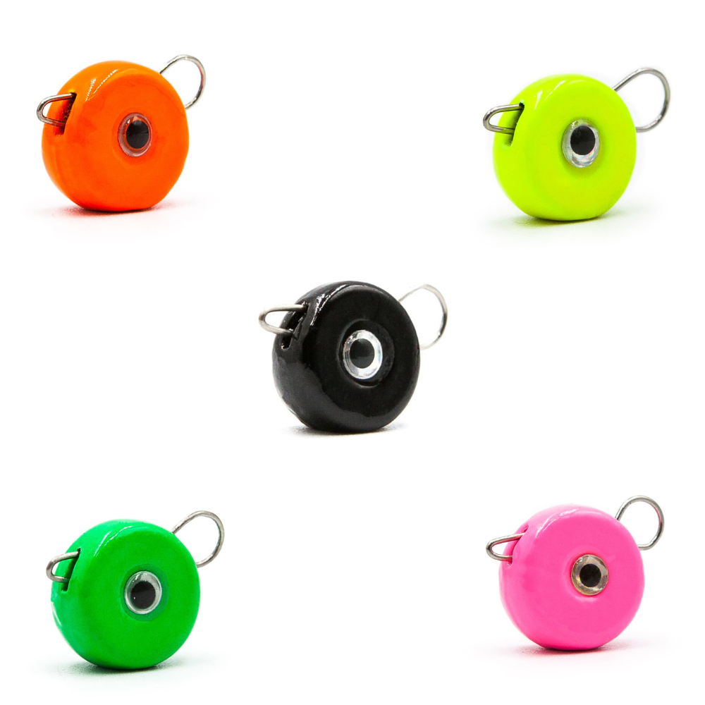 Five FishTrailCo Eccentric quick-change weights with applied 3D eyes in Orange, Green Apple, Pink, Lime, and Black