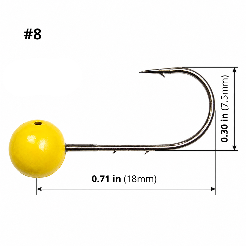 FishTrailCo S-59 Lemon mormyshka micro jig head, hook size #8, measuring 0.71 in by 0.30 in