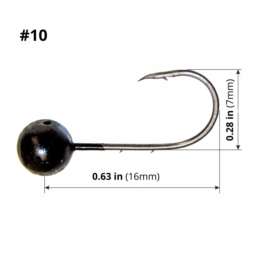 FishTrailCo S-59 Black mormyshka micro jig head, hook size #10, measuring 0.63 in by 0.28 in