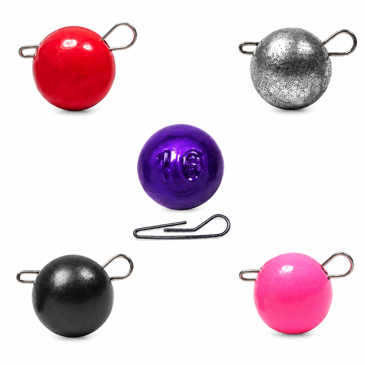 FishTrailCo Fishball Quick-Change Articulated Jig Weights in multiple colors with removable wire clip.
