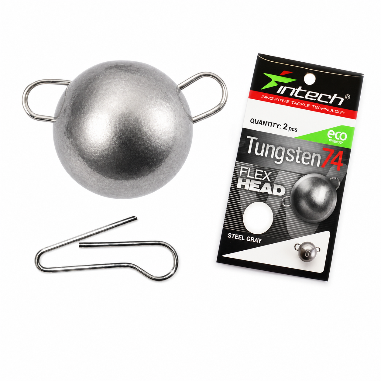 Intech Tungsten 74 Steel Gray quick-change weight with wire clip and retail packaging on a white background