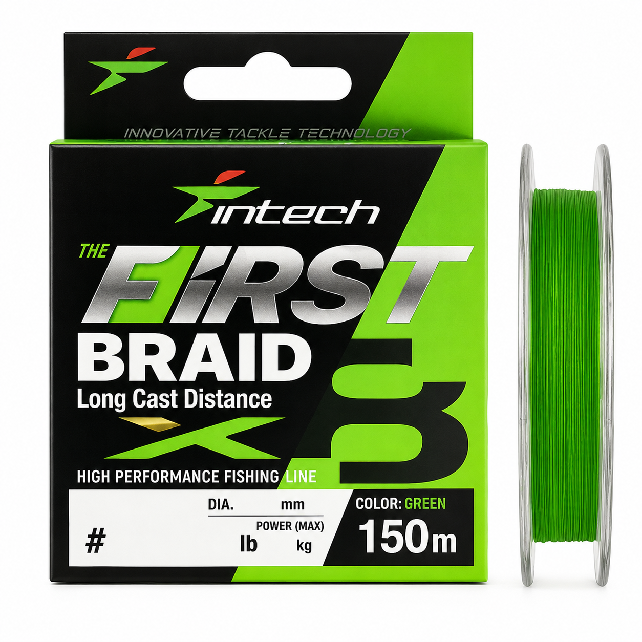 Intech First Braid X8 green braided line package with open spool beside it