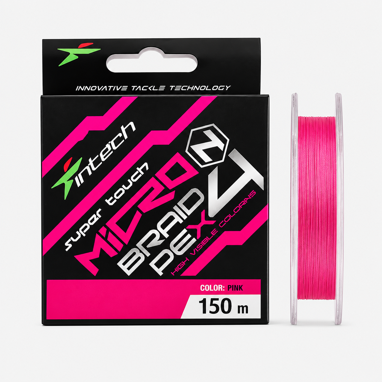 Intech MicroN PE X4 150m braided fishing line in retail packaging with spool standing beside the box