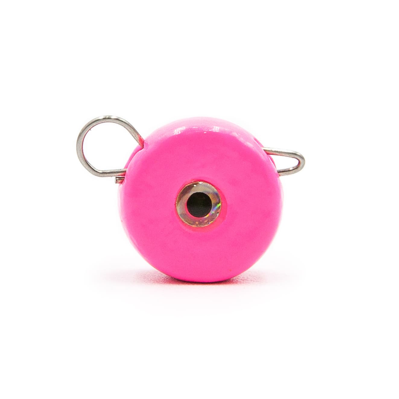 Pink FishTrailCo Eccentric quick-change weight with applied 3D eye and removable wire clip