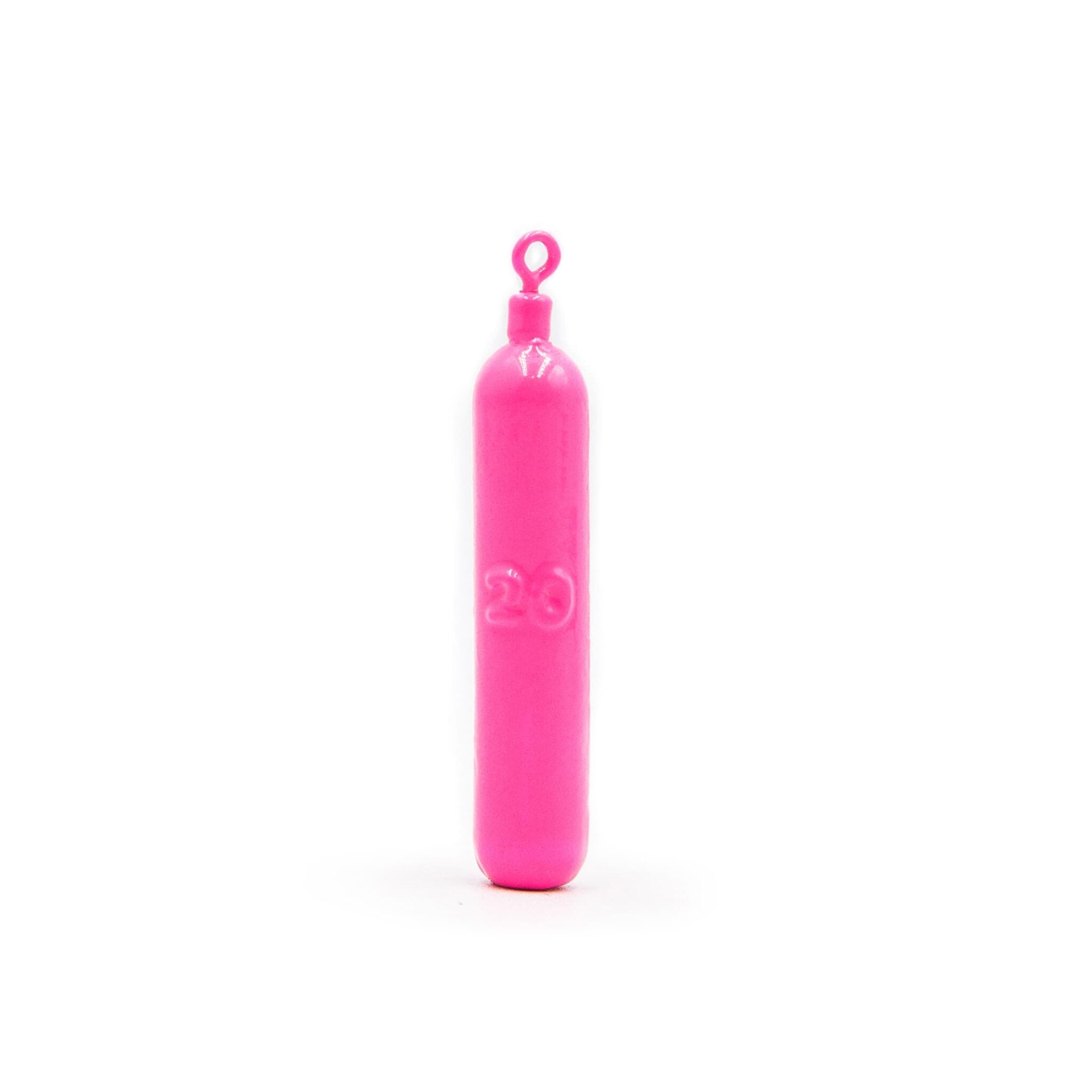 Single pink cylinder drop shot weight with swivel for soft bait drop shot rigs on a white background.