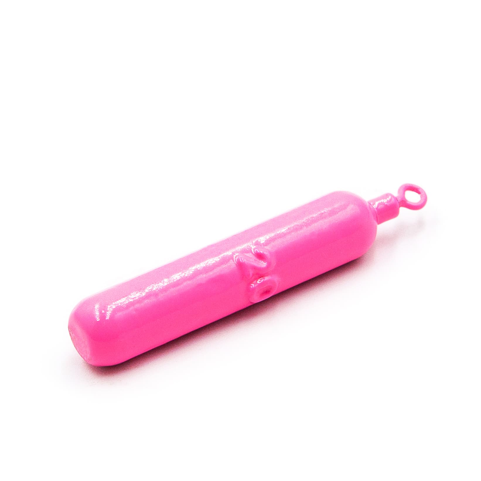 Close-up of pink cylinder drop shot weight with swivel connector on a white background.