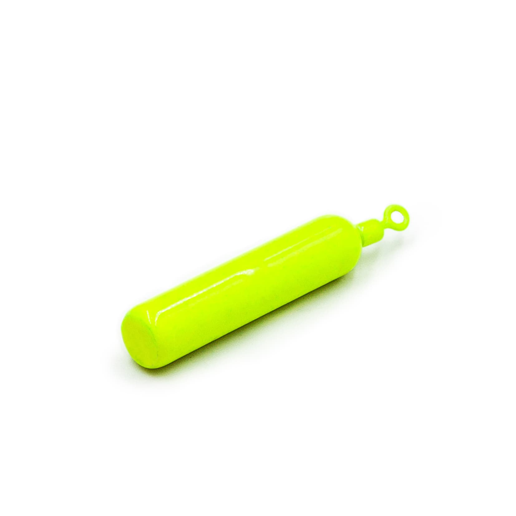 Close-up of lime cylinder drop shot weight with swivel connector on a white background.