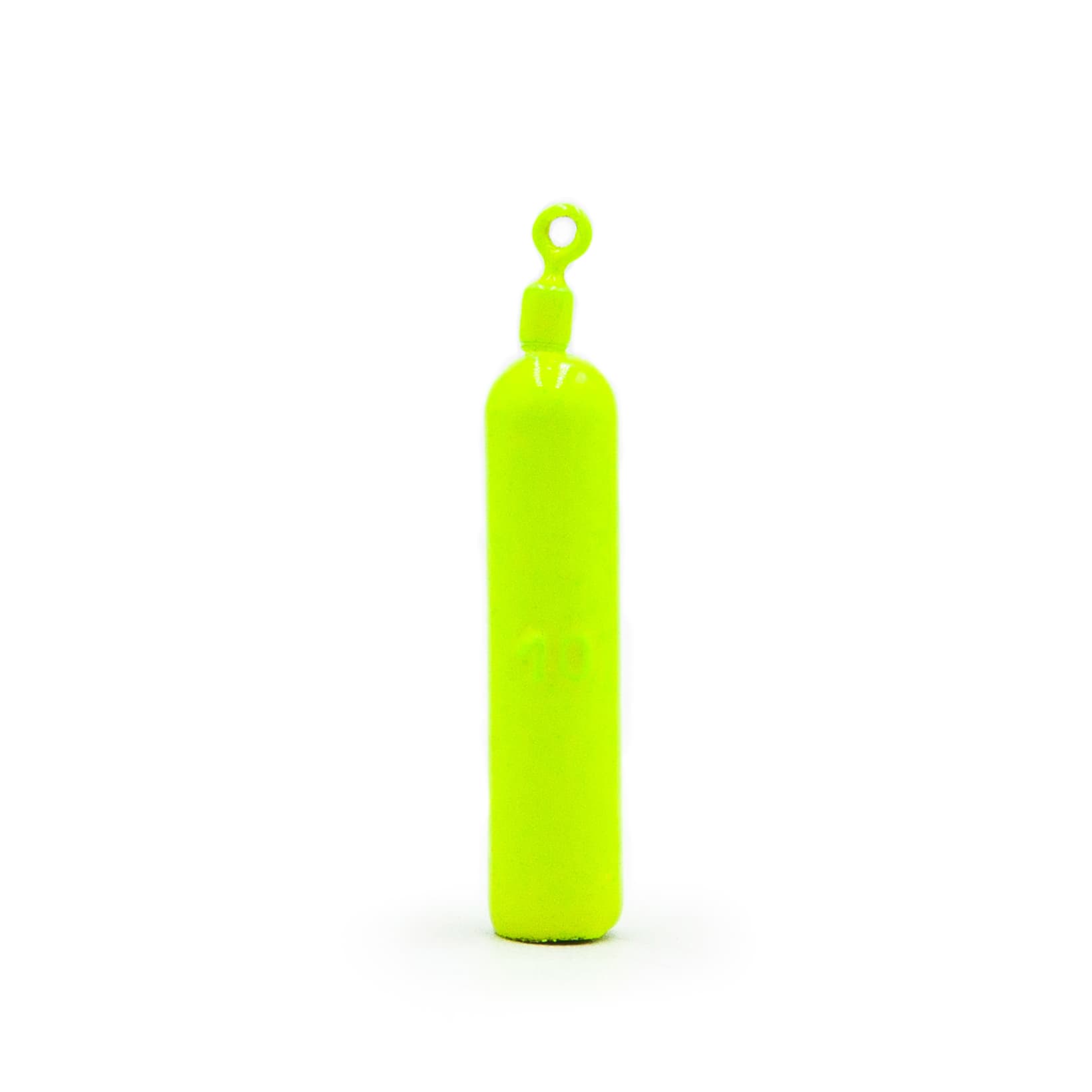 Single lime cylinder drop shot weight with swivel for soft bait drop shot rigs on a white background.