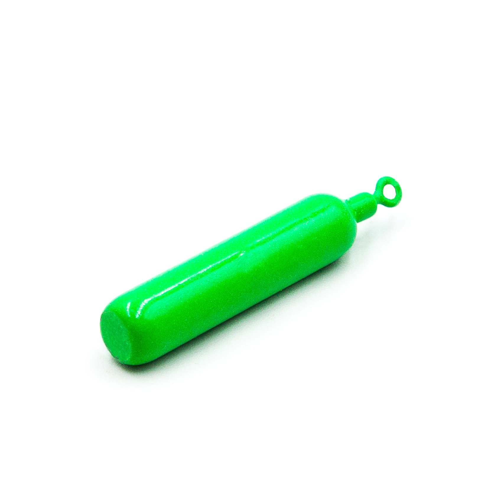 Single Green Apple cylinder drop shot weight with swivel for soft bait drop shot rigs on a white background.