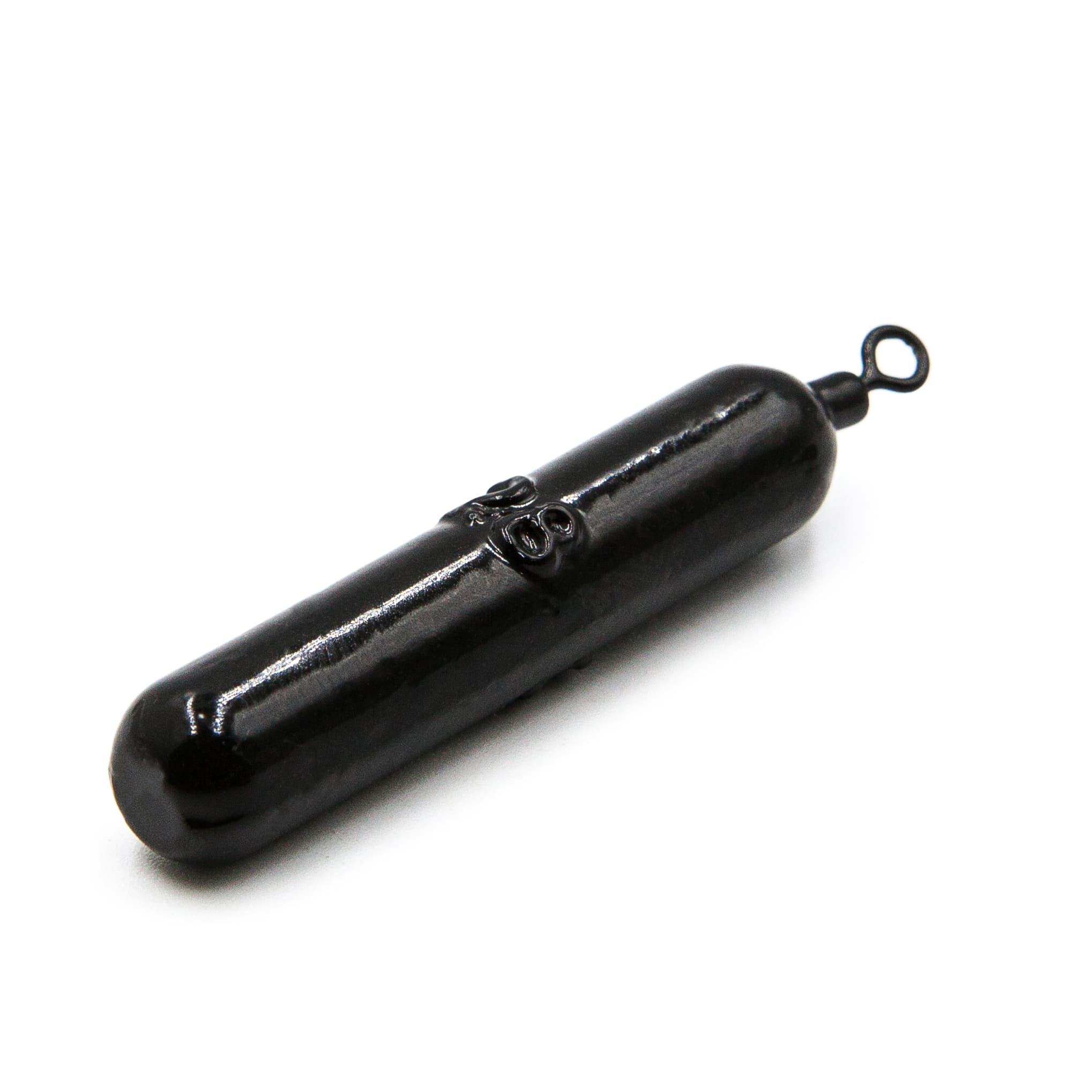 Close-up of black cylinder drop shot weight with swivel connector on a white background.