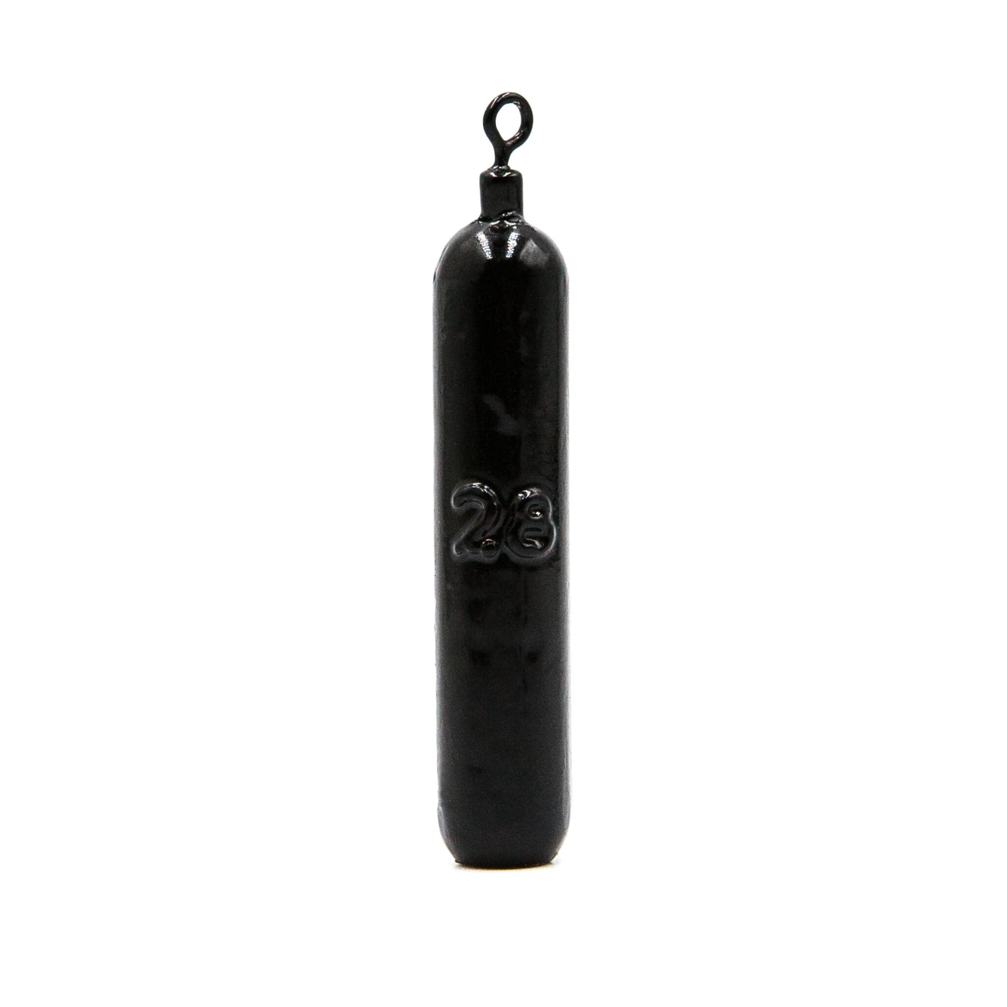 Single black cylinder drop shot weight with swivel for soft bait drop shot rigs on a white background.