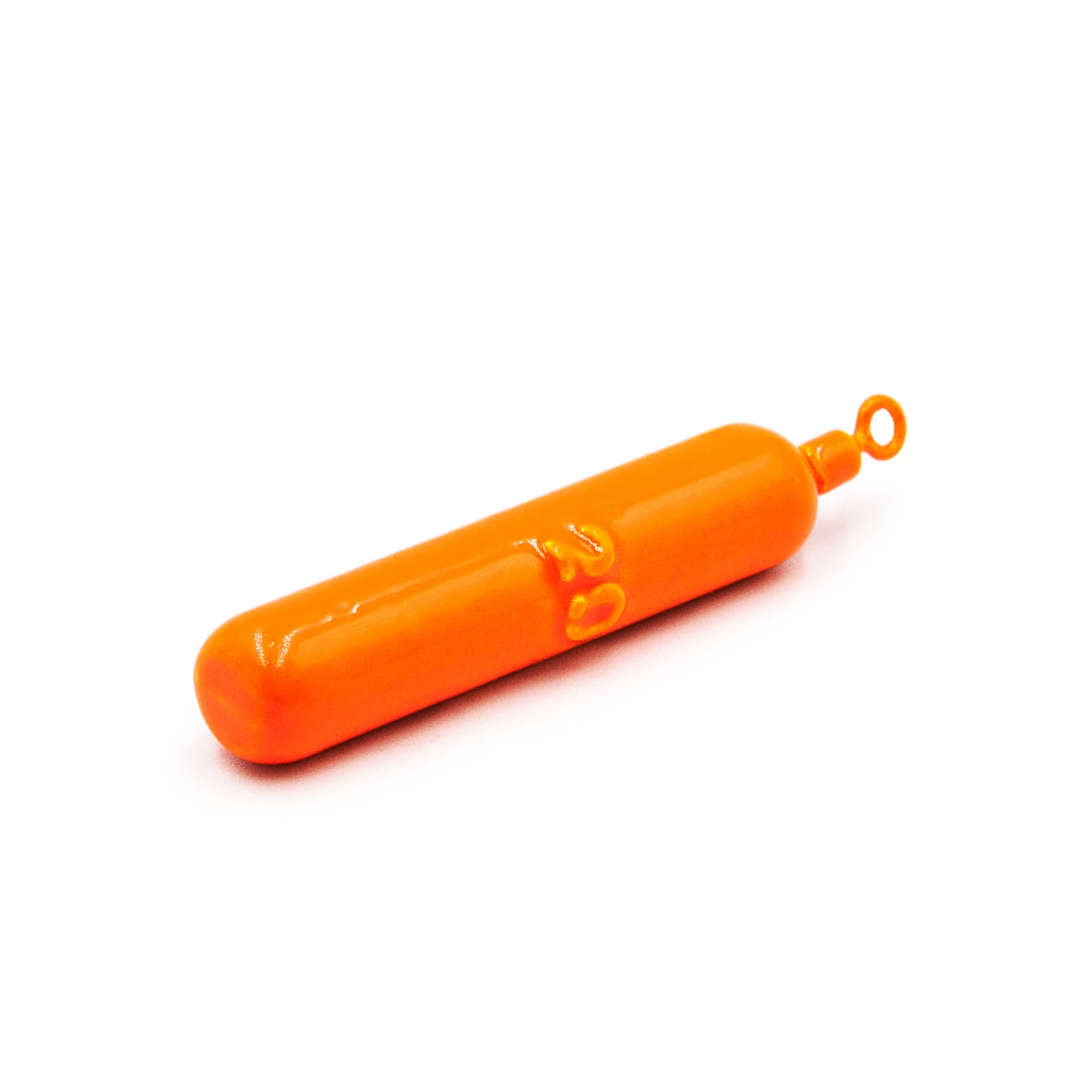 Single orange cylinder drop shot weight with swivel for soft bait drop shot rigs on a white background.