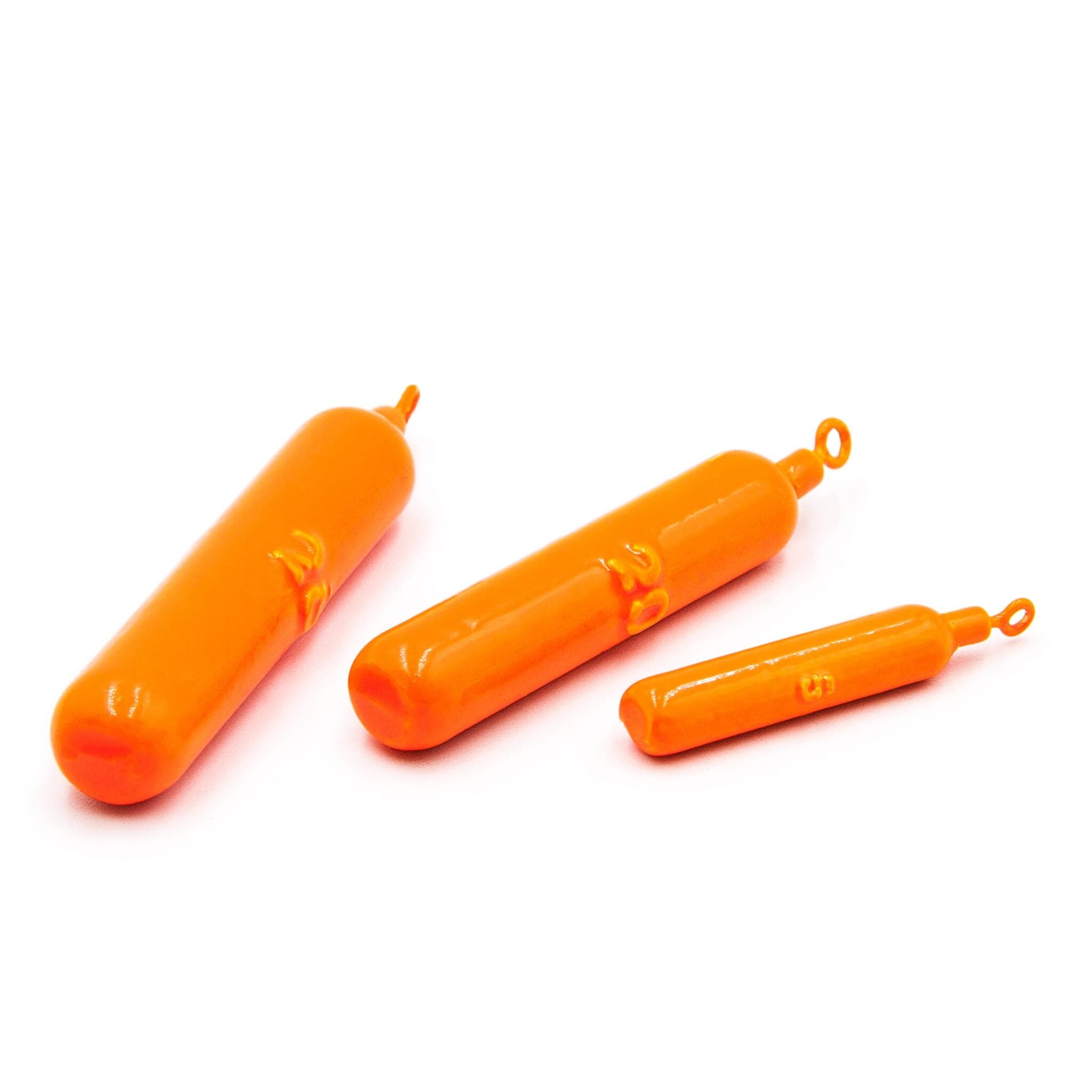 Orange cylinder drop shot weights with swivels for finesse rigs on a white background.