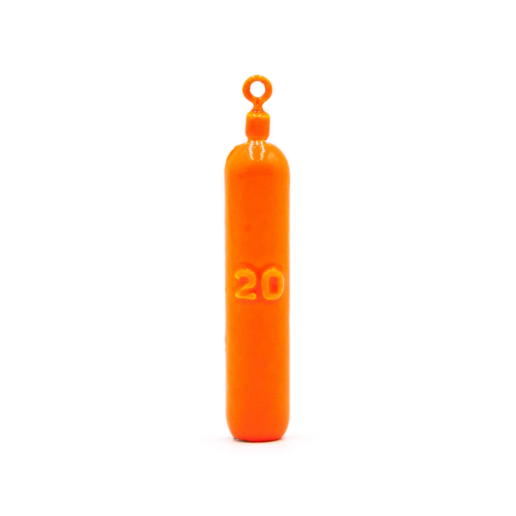 Close-up of orange cylinder drop shot weight with swivel connector on a white background.