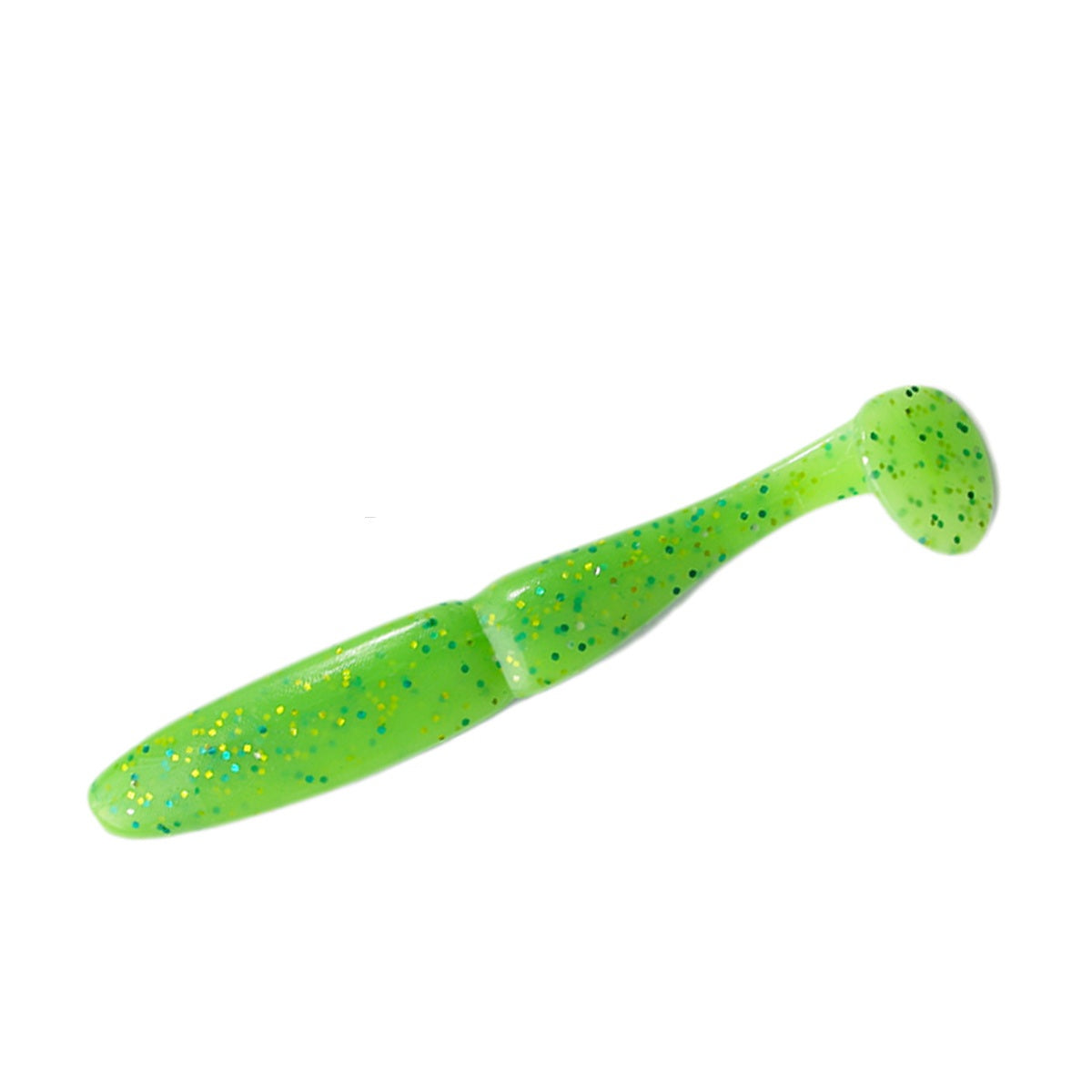 Slim Shad 3.3-inch Chartreuse Glitter paddle tail swimbait soft plastic lure with a slim baitfish profile and subtle tail kick.