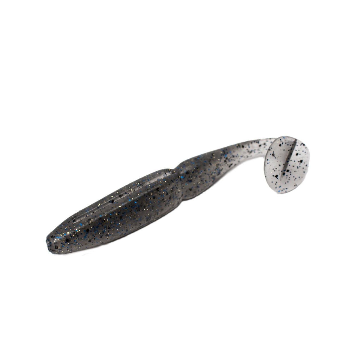 Slim Shad 3.3-inch Smoke Blue Flake paddle tail swimbait soft plastic lure with a slim baitfish profile and subtle tail kick.