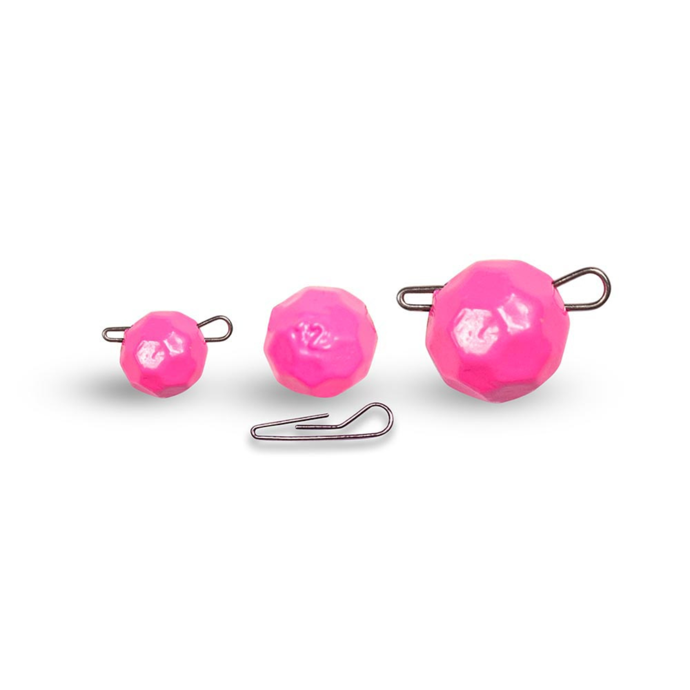 UV pink Fishball faceted clip weights with size measurement diagram