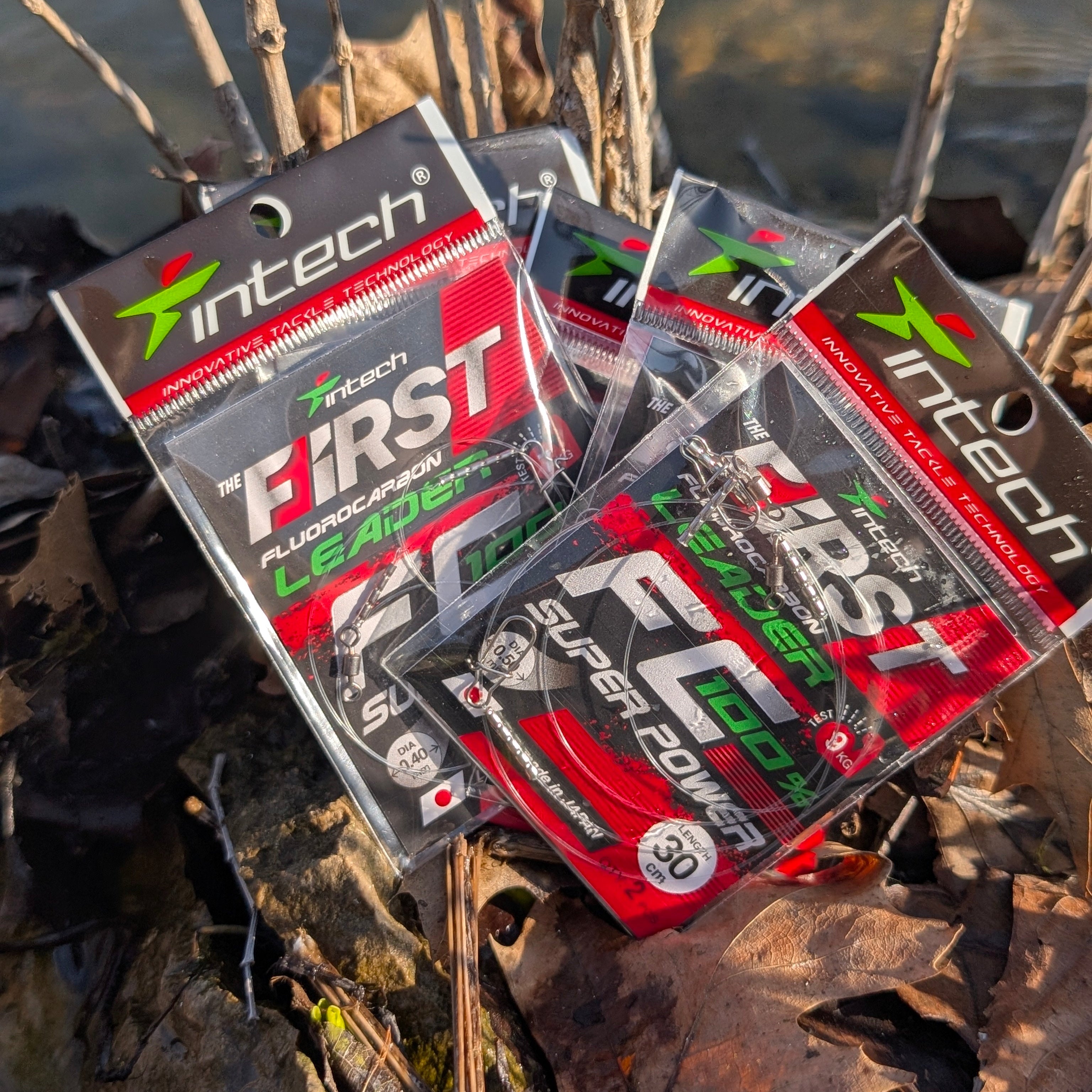 Xintech fishing leaders packaging on a natural background