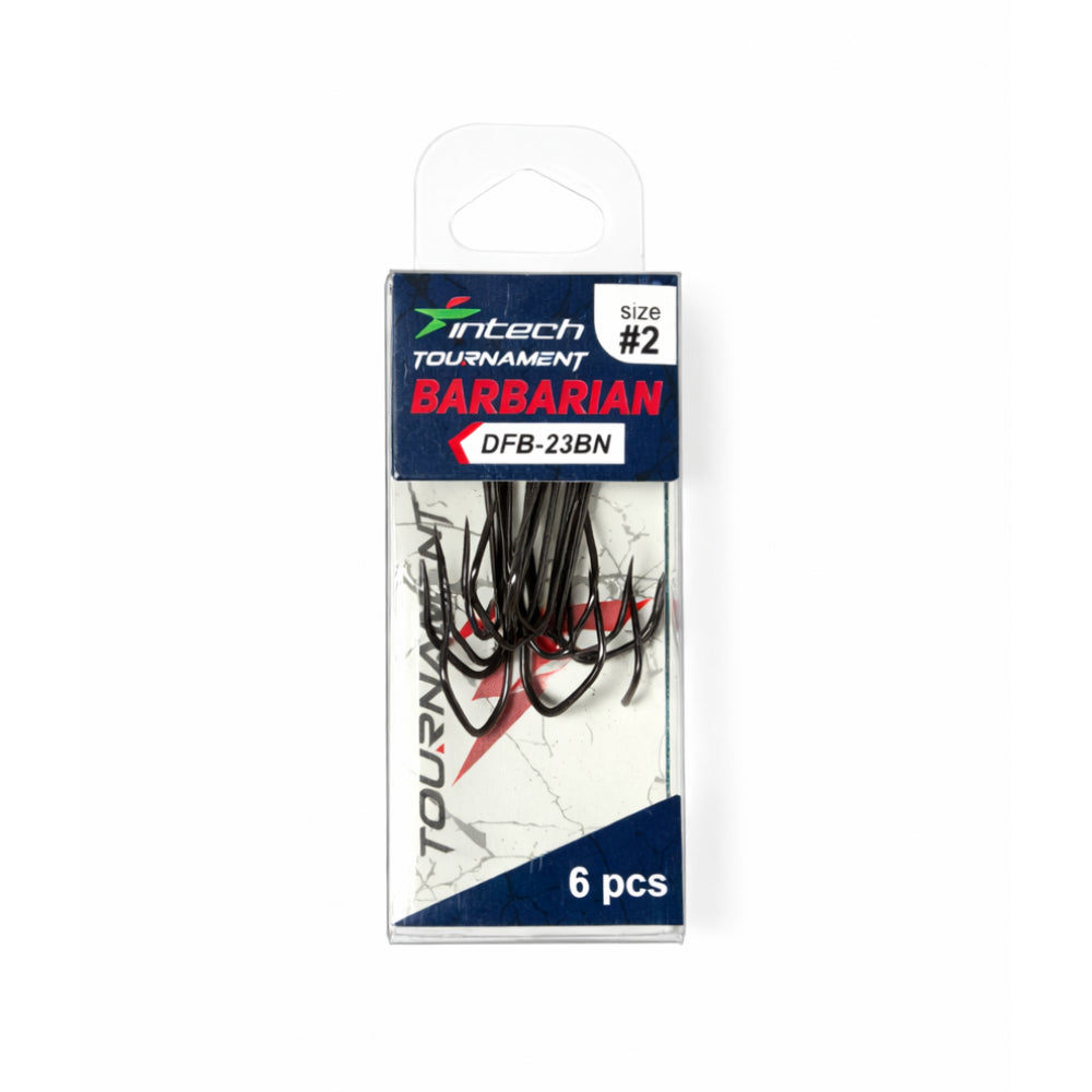 Pack of Intech Tournament Barbarian fishing hooks with packaging on a white background