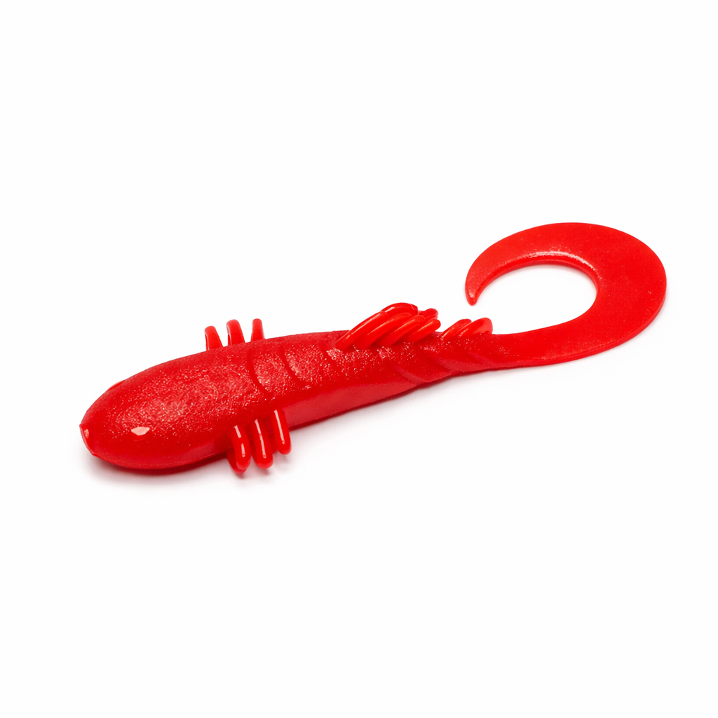 Red Bait Breath BeTanCo 3-inch curly tail lure.