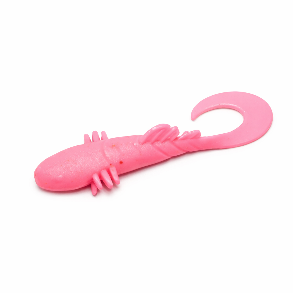 Pink Bait Breath BeTanCo 3-inch curly tail lure.