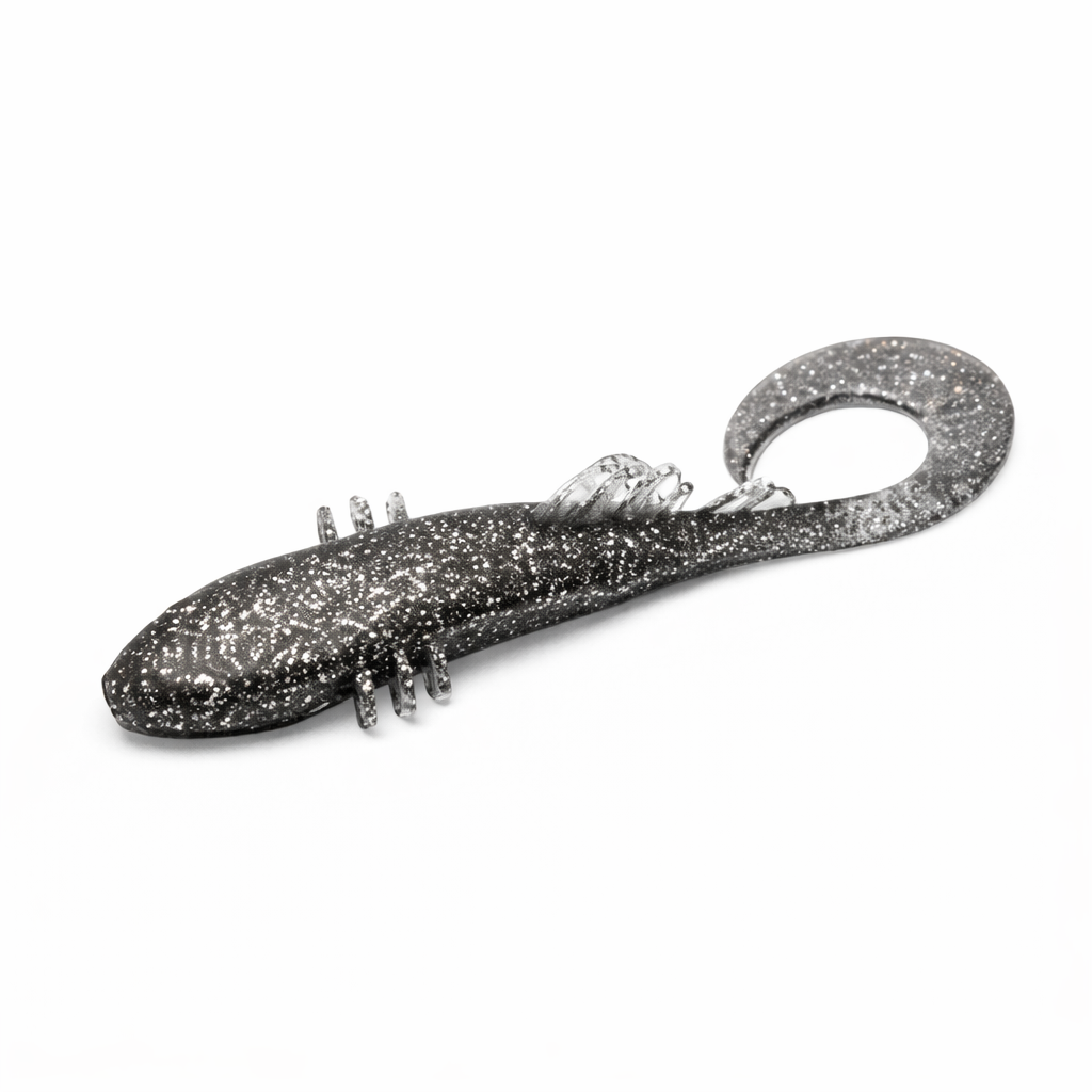 Bait Breath BeTanCo 3-inch curly tail lure in dark gray with silver glitter.