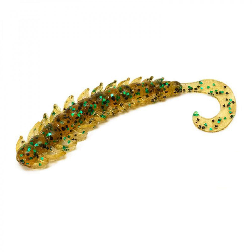 Bait Breath Bugsy 2.5-inch creature bait with a curled tail and green glitter.