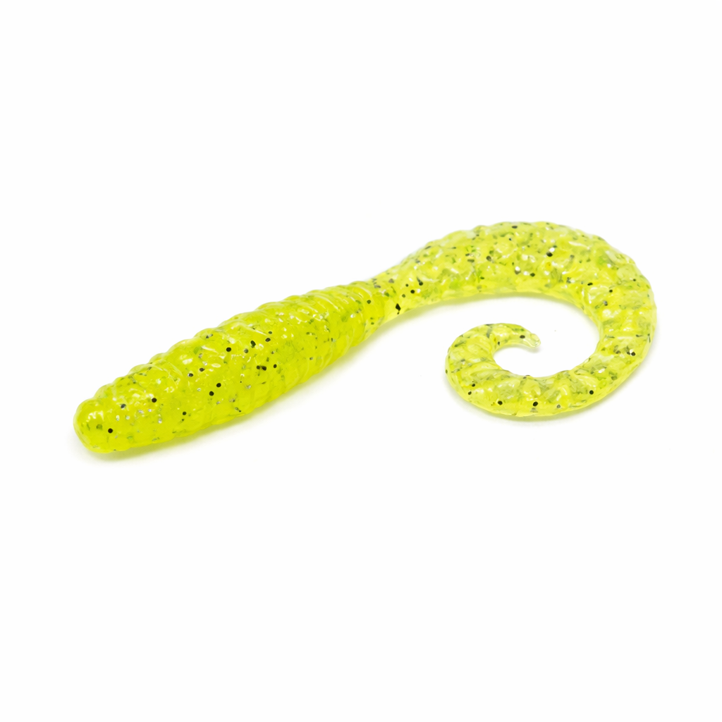 Chartreuse Bait Breath Curly Grub 2.5-inch twister with dark flecks.