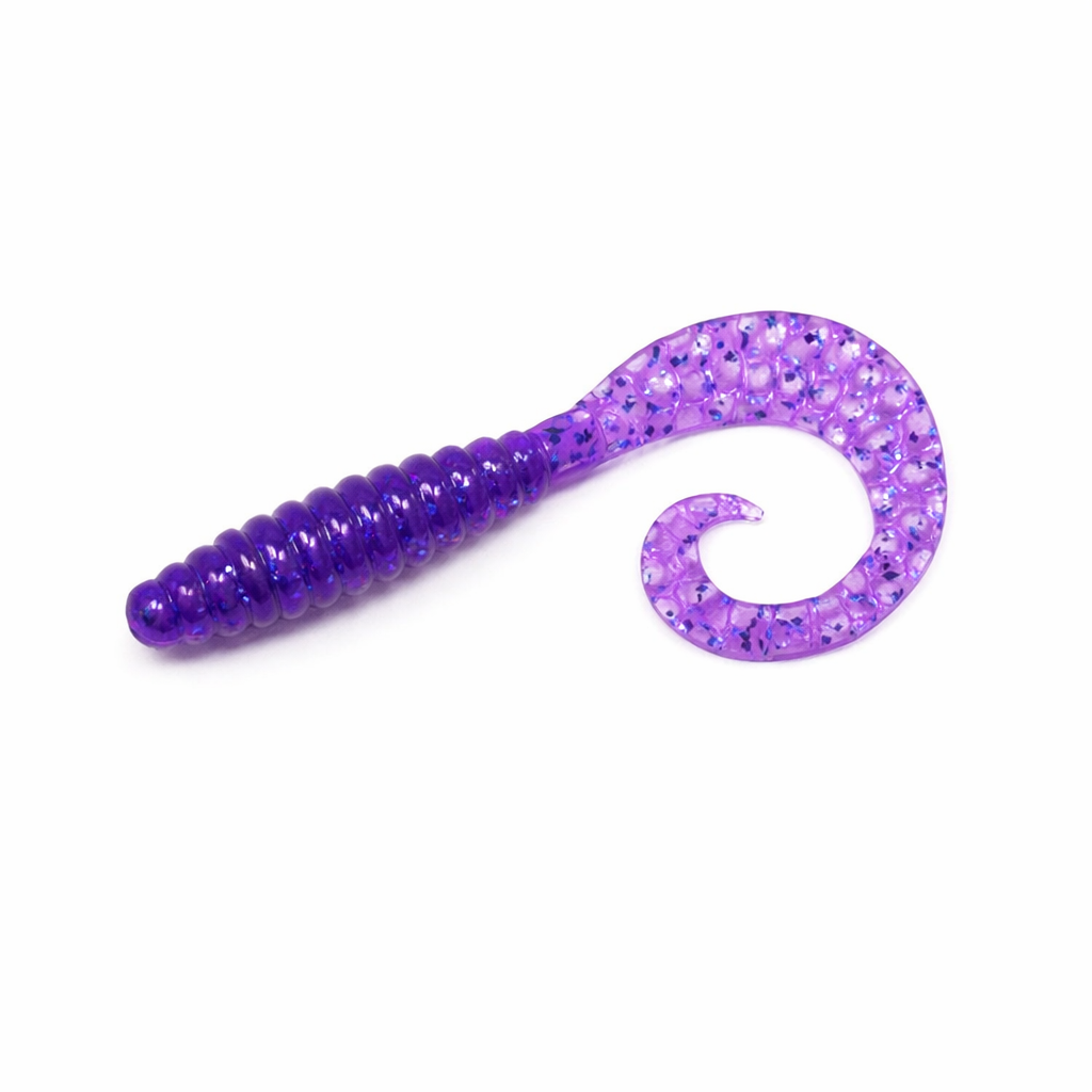 Purple Bait Breath Curly Grub 2.5-inch twister with glitter and a curled tail.